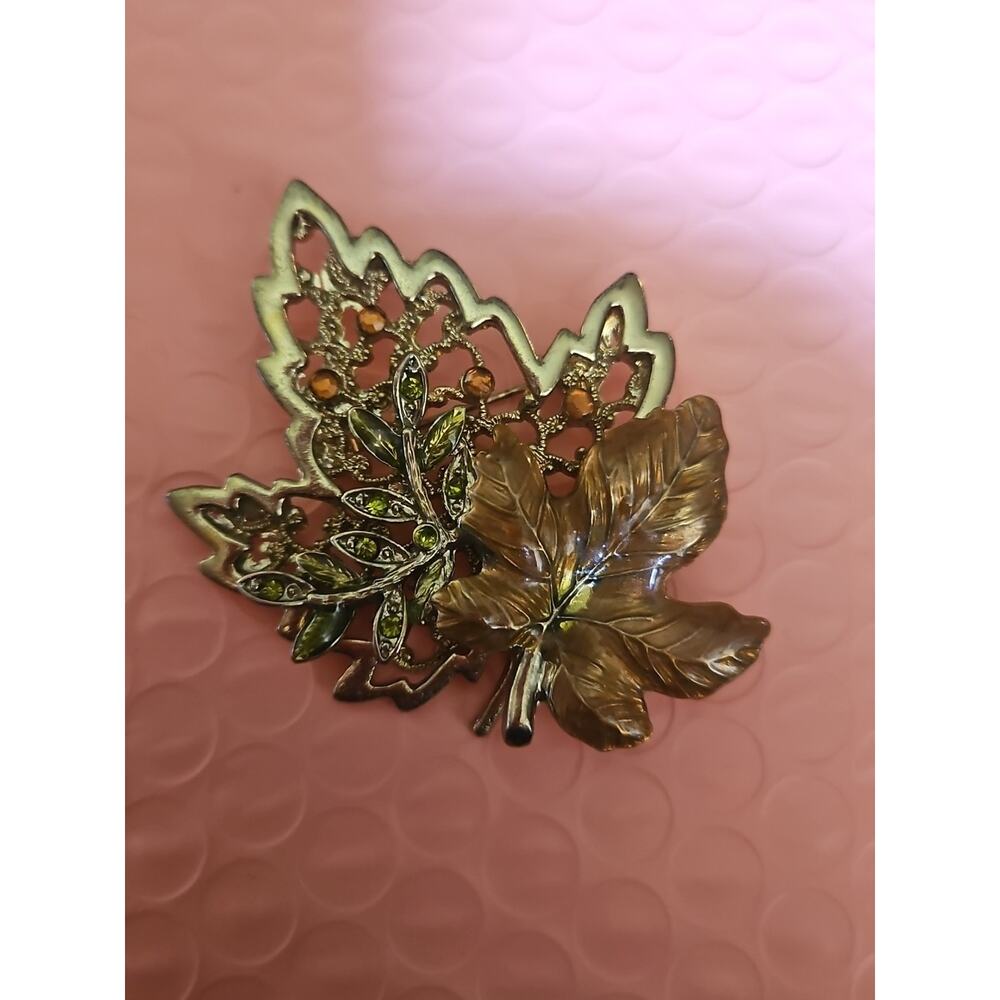 Vintage Kenneth Cole Gold Enamel Brown And Green Rhinestone Brooch Leaves W Pin